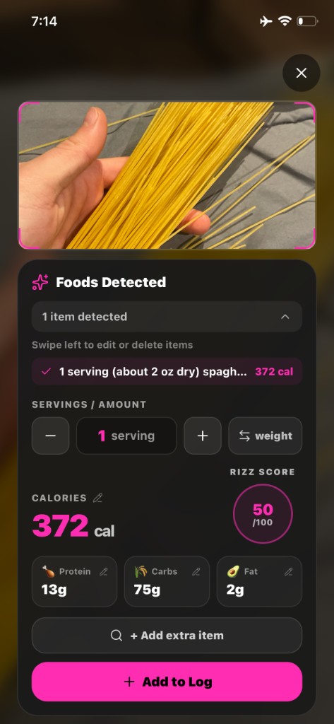 RizzCal AI – Food detected and Rizz score